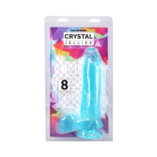 Crystal Jellies 8-inch teal dildo with balls in clear pack