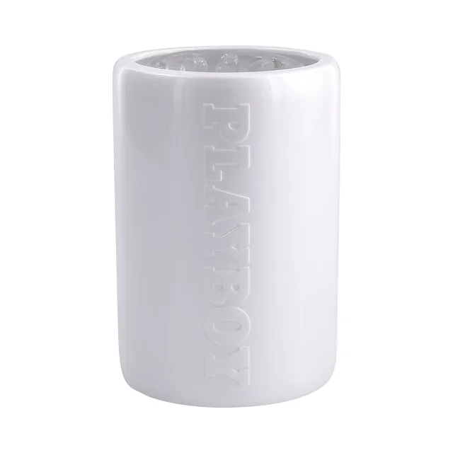 Playboy Spin Doctor white stroker upright front view with embossed Playboy logo