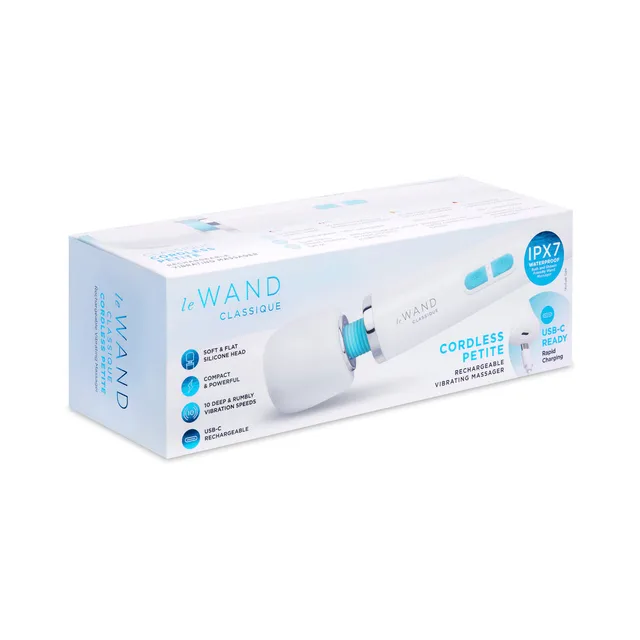White Le Wand Classique Petite massager in blue retail box