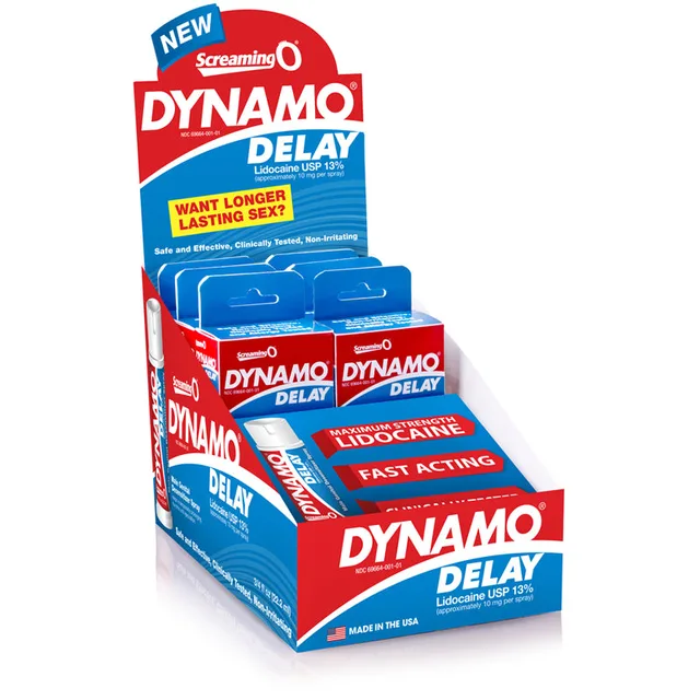 Screaming O Dynamo Six-Bottle Display six red and blue cartons in counter tray