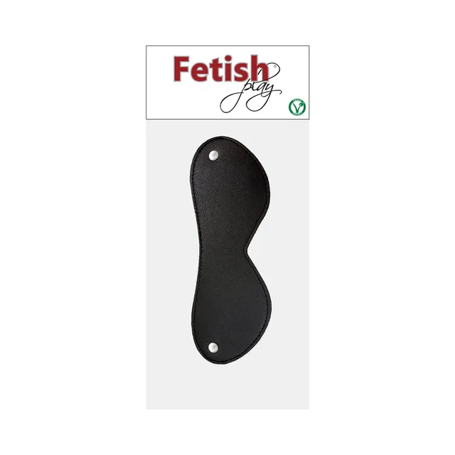 Black Rouge Fetish Play vegan-leather hourglass blindfold on retail card