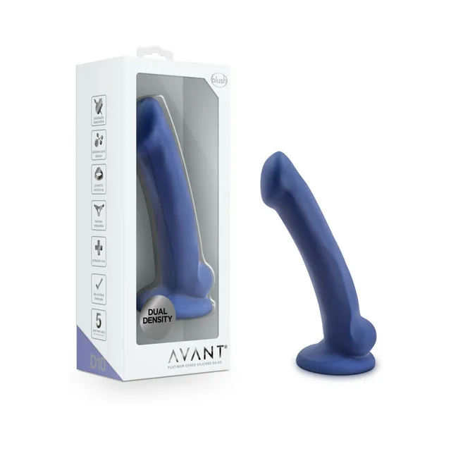 Blue Avant D10 Ergo Mini dildo beside clear retail box