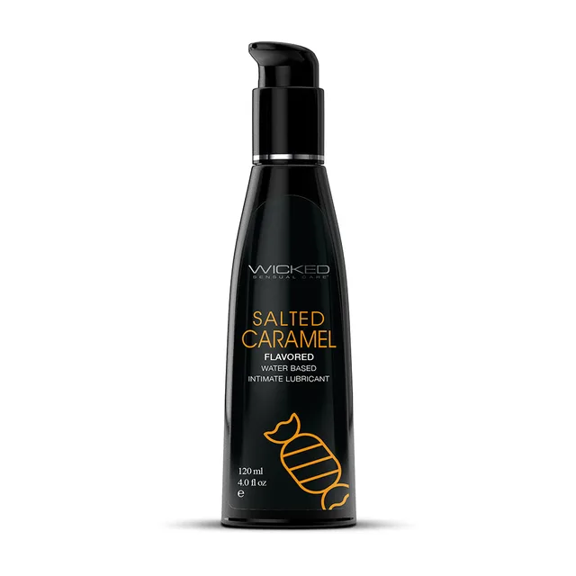 Wicked Aqua Salted Caramel 4 oz black pump bottle front with orange caramel graphic