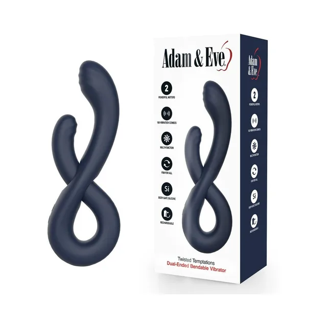 Adam & Eve Twisted Temptations black bendable vibrator twisted into loop shape beside white retail box