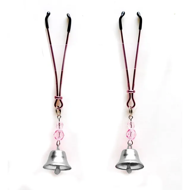 pair of pink black-tip nipple clamps with clear beads and silver bells