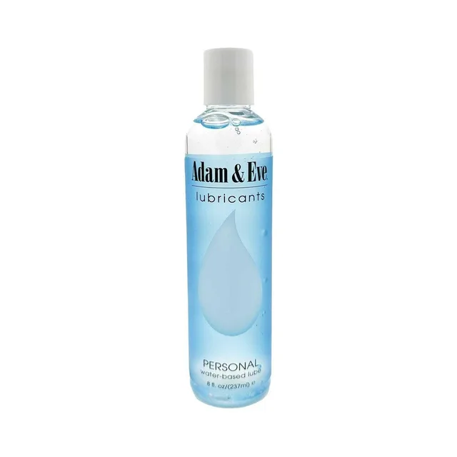Adam & Eve Personal Water-Based Lubricant 8 oz clear bottle with white cap and blue front label