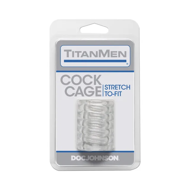 Clear TitanMen ribbed cock cage in Doc Johnson blister packaging