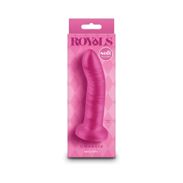 Royals Charlie pink curved dildo displayed in metallic pink retail box