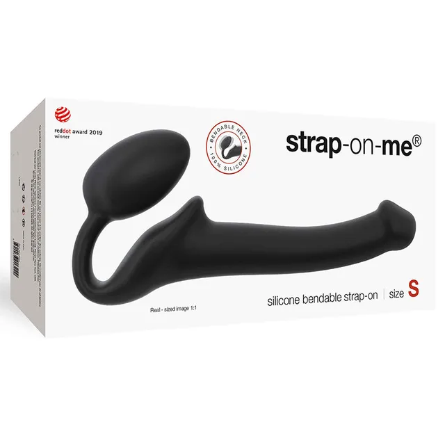 Black small Strap-On-Me bendable silicone strap-on on white box