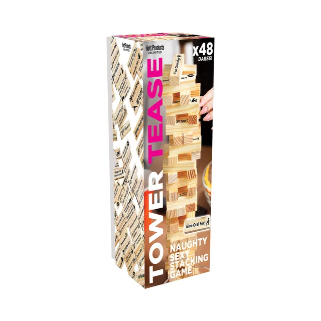 Tower Tease 48-piece wooden block game in tall retail box