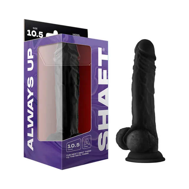 Shaft Model A 10.5-inch black dong beside purple retail box