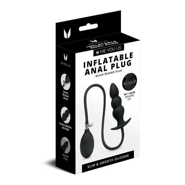 Black beaded inflatable anal plug with tube and pump