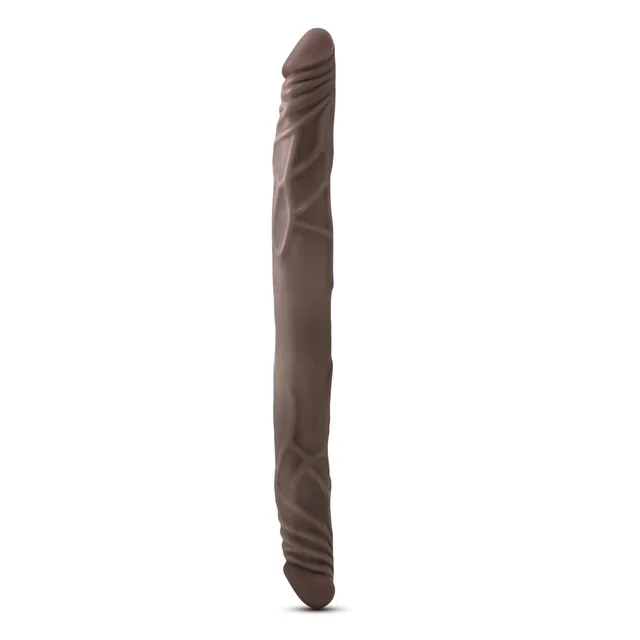 Blush Dr. Skin dark brown 14-inch double dildo upright left profile with tapered lower end