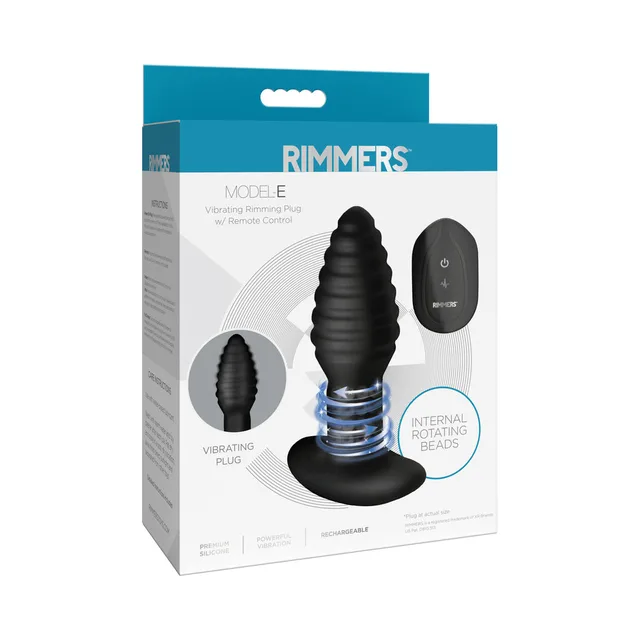 Rimmers Model-E black ribbed plug and remote pictured on white-and-blue box