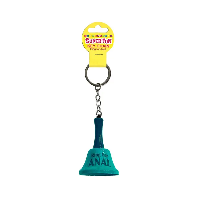 teal Ring for Anal bell charm on silver split ring with yellow tag