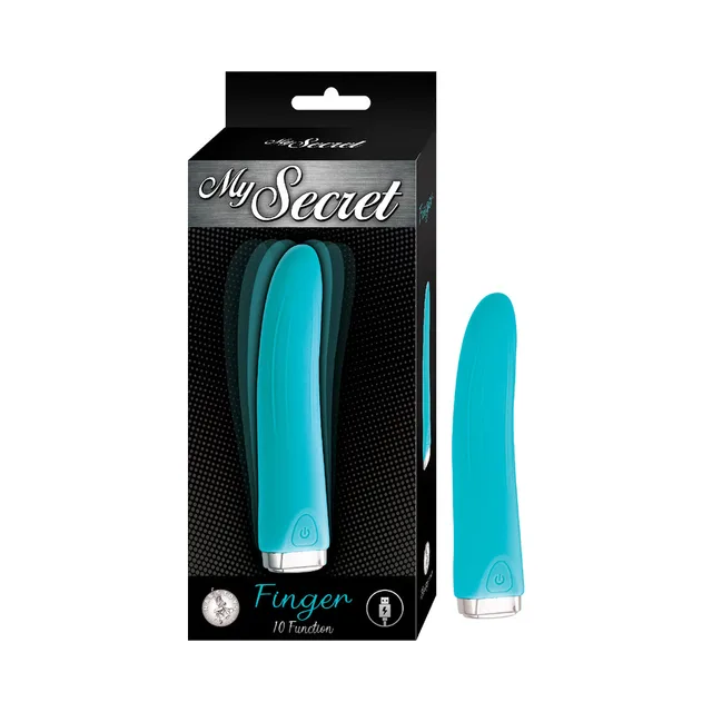 aqua Nasstoys My Secret Finger vibrator with silver base beside black retail box