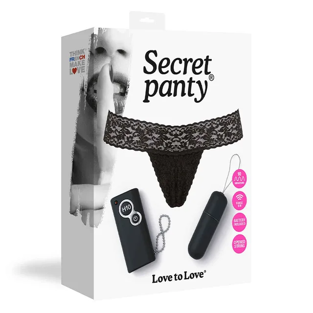 Secret Panty black lace thong, bullet and remote on white retail box