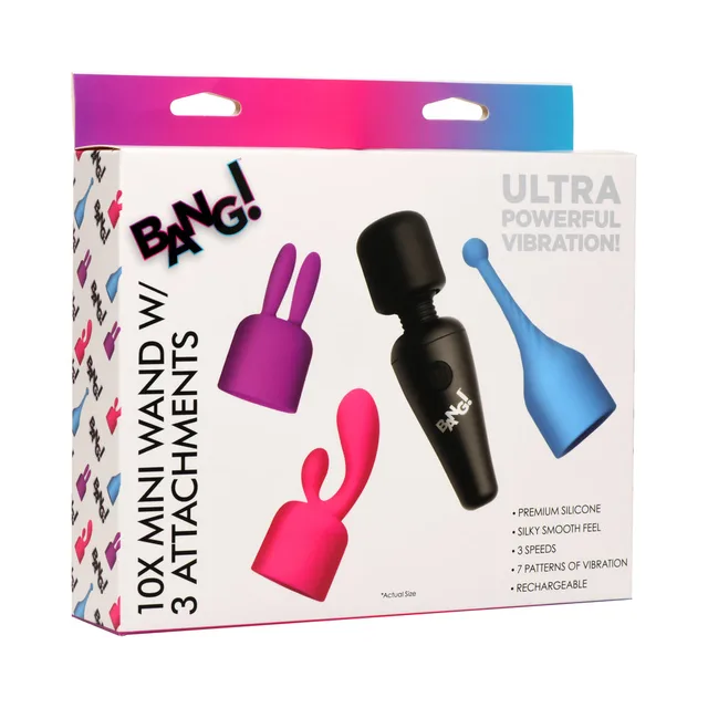 BANG 10X black mini wand with blue purple and pink silicone attachments on box