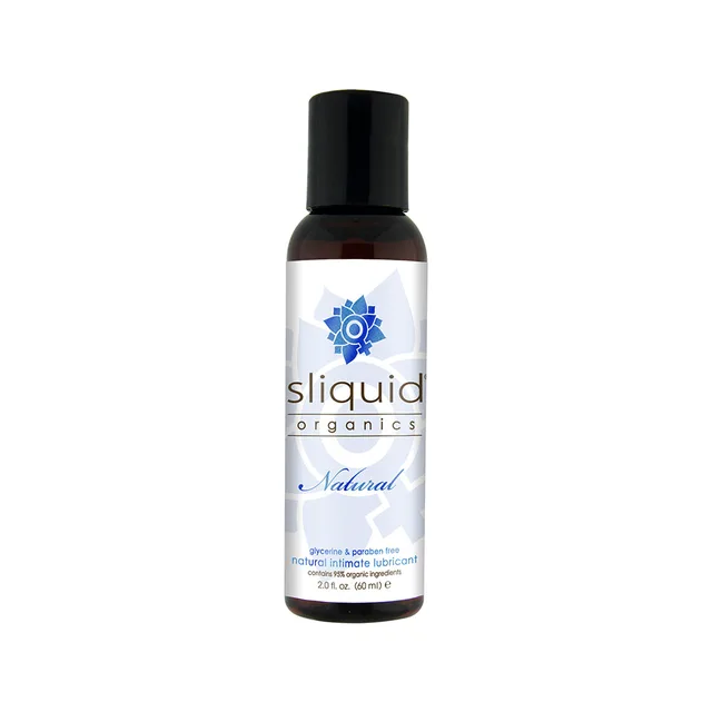 Sliquid Organics Natural 2 oz slim dark bottle with black cap and blue emblem