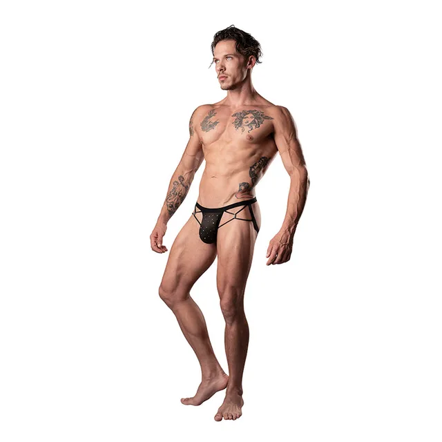 model wearing black Male Power open-back jock with silver-dot pouch