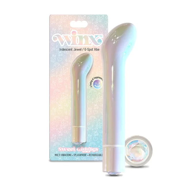 Iridescent WINX Sweet Giggles curved vibrator and jewel base beside box