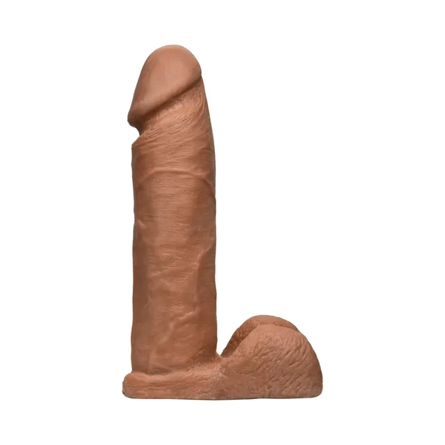 Upright brown 8.1-inch Vac-U-Lock dildo with molded shaft