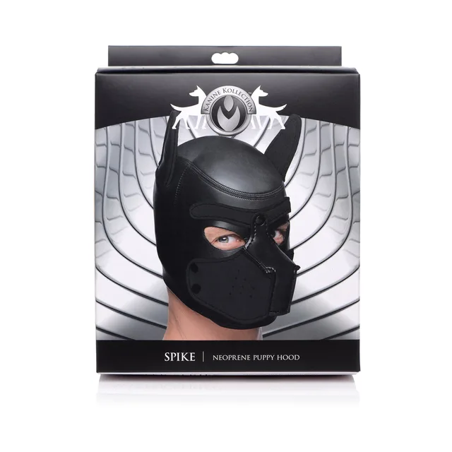 black Master Series Spike neoprene puppy hood with ears and zippered muzzle on box