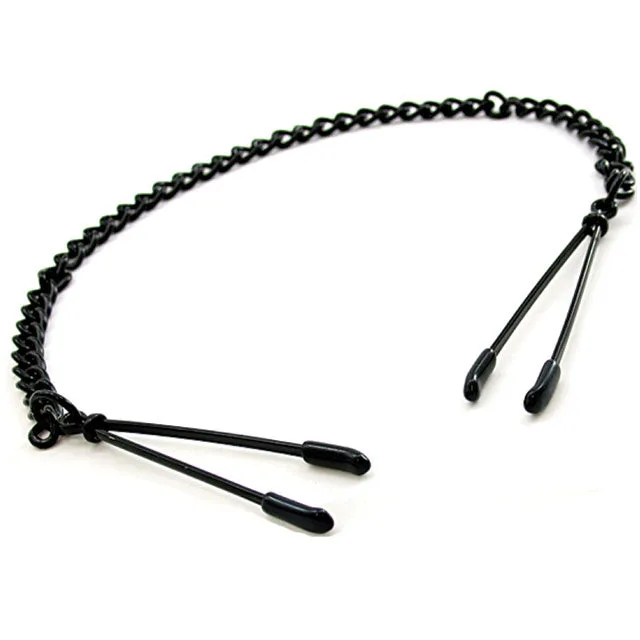Black H2H tweezer nipple clamps linked by black chain and center ring