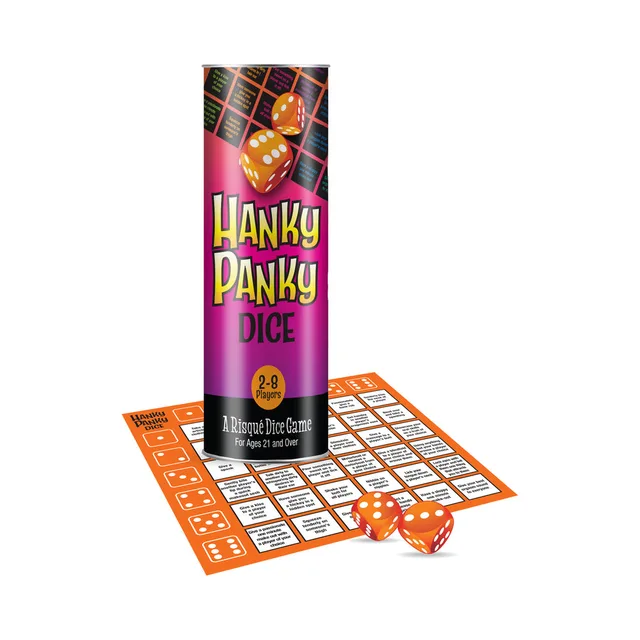 Hanky Panky game with two orange dice and challenge grid