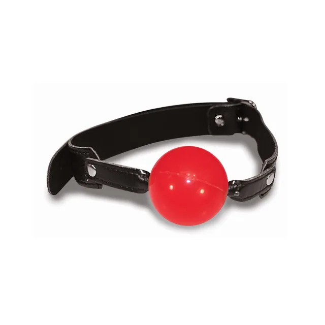 Red solid ball gag with black strap and silver buckle hardware