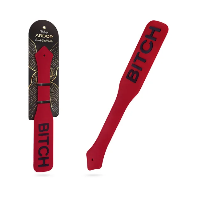 Temptasia Ardor red paddle on black retail card beside full product