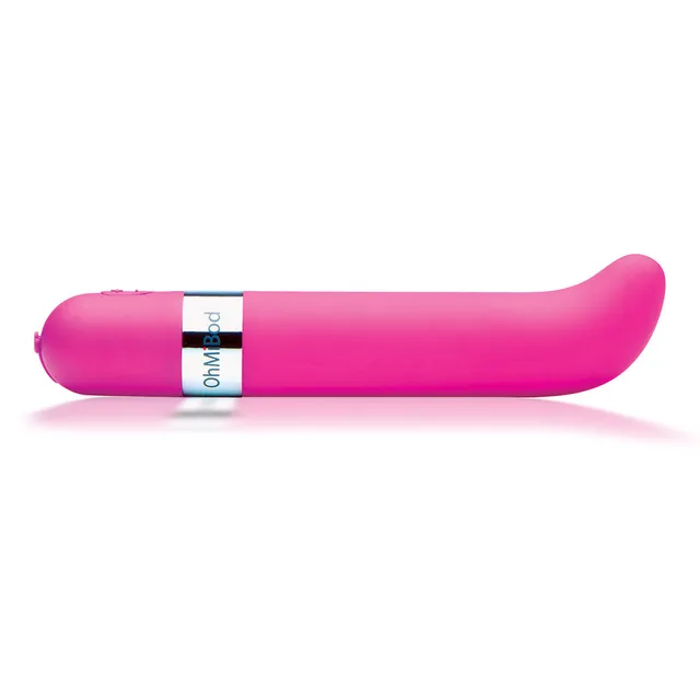 pink OhMiBod Freestyle vibrator with curved tip and silver logo band
