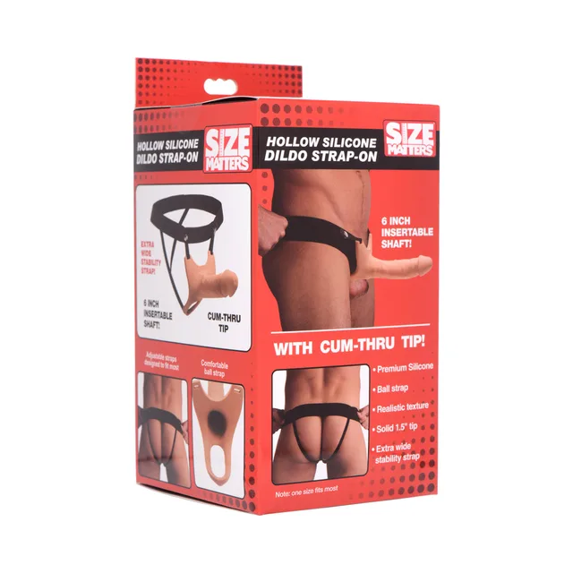 Size Matters beige hollow silicone dildo harness with black straps pictured on box