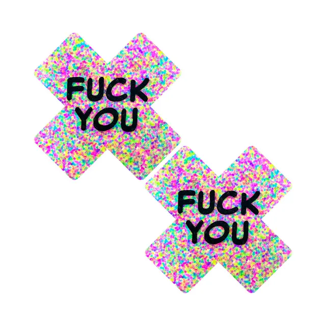 pair of neon sprinkle X-shaped nipple pasties with bold black F*ck You lettering