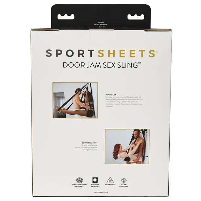 Back of Sportsheets Door Jam Sex Sling box with product diagrams and details