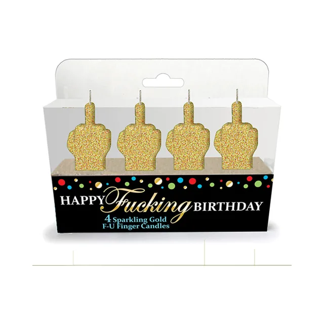 Four gold glitter middle-finger birthday candles in black display carton