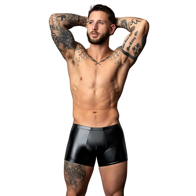 Male model wearing black Liquid Onyx wet-look short size L