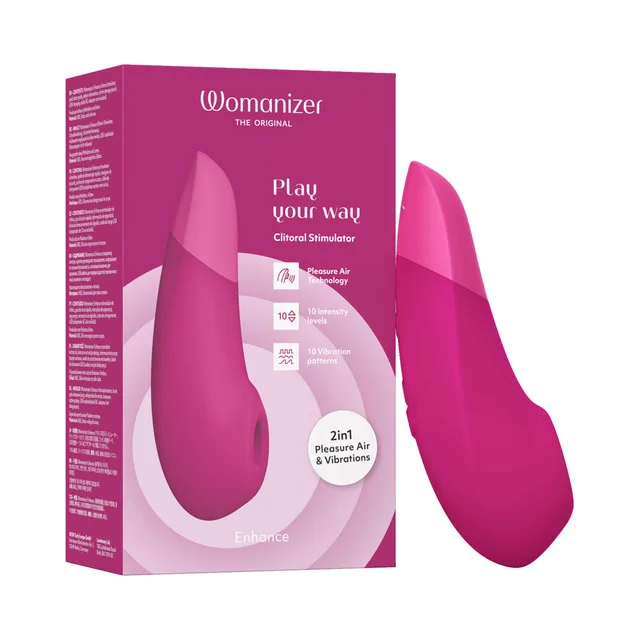 Vibrant Pink Womanizer Enhance stimulator beside pink retail box