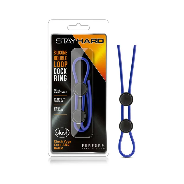 Stay Hard Blue Double-Loop Ring beside blister pack