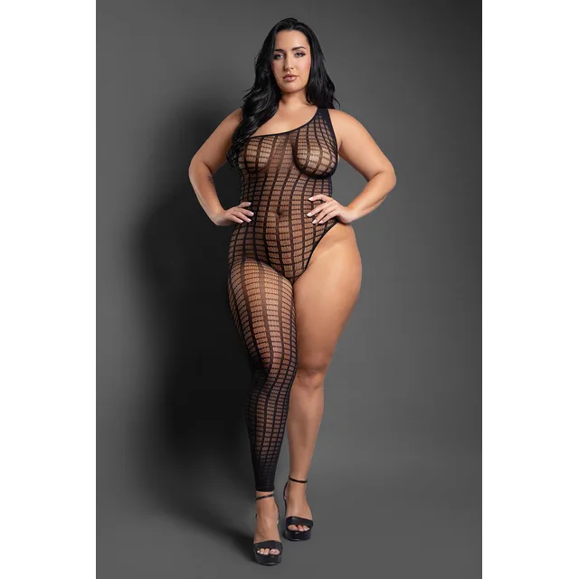Front view of Killin' It black Queen patterned bodystocking