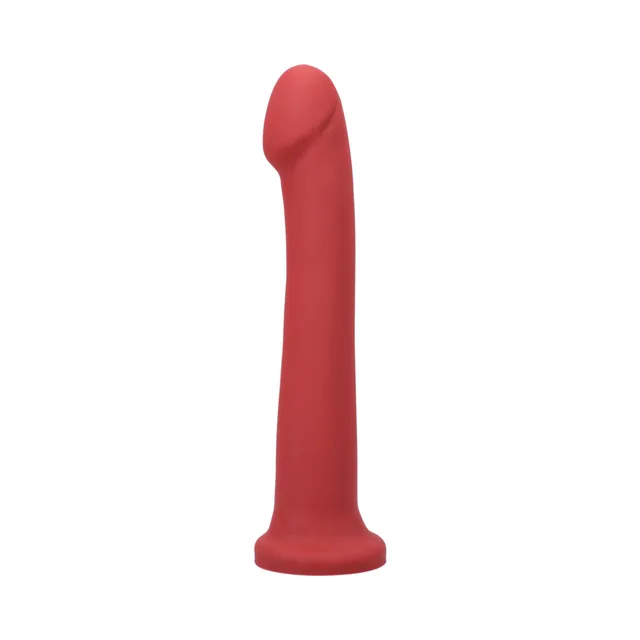 Tantus Hook ruby red dildo upright side view of curved head