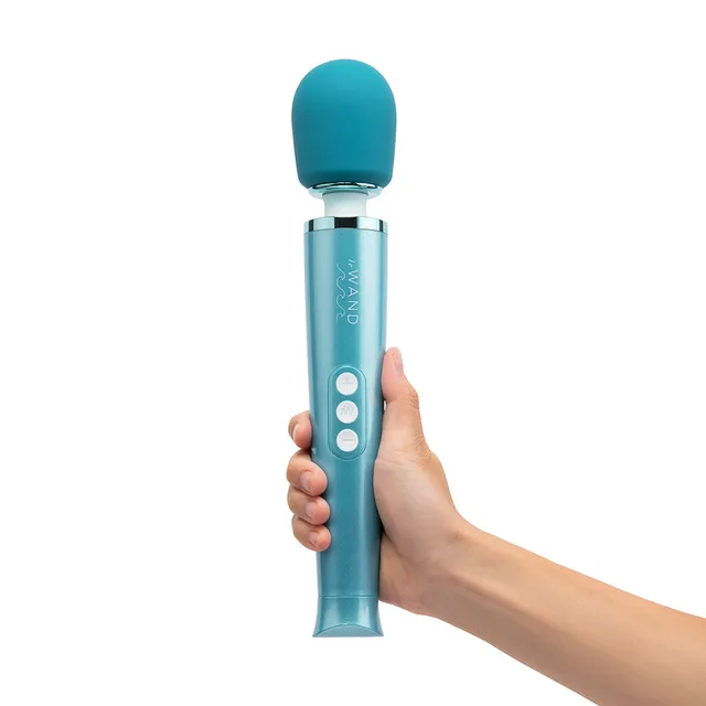 Le Wand Dive teal massager held upright to show three-button handle controls
