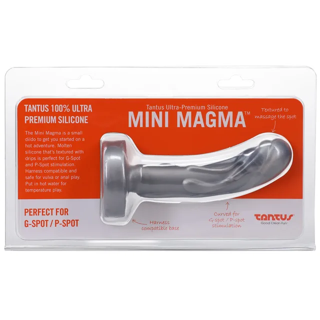 Tantus Mini Magma silver firm silicone fantasy dildo front retail package
