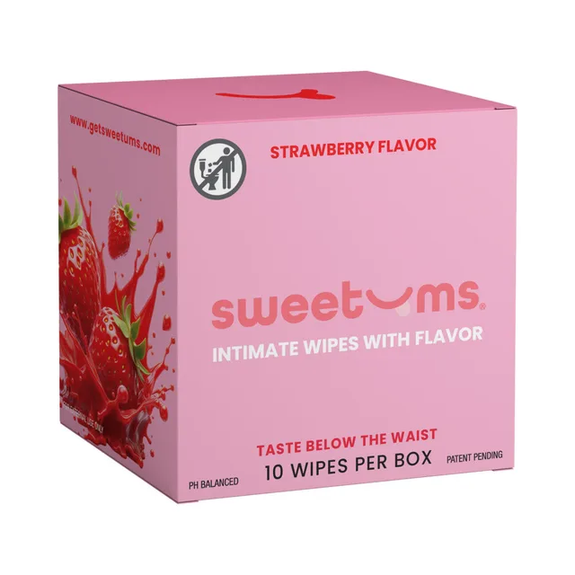 Sweetums Intimate Strawberry wipes 10-pack pink box with strawberry splash illustration and 10-wipe label
