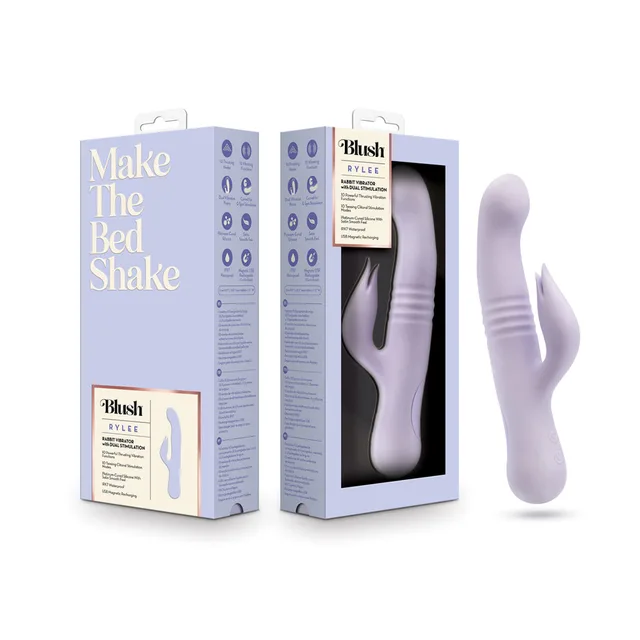 lavender Blush Rylee curved rabbit vibrator displayed beside blue retail box
