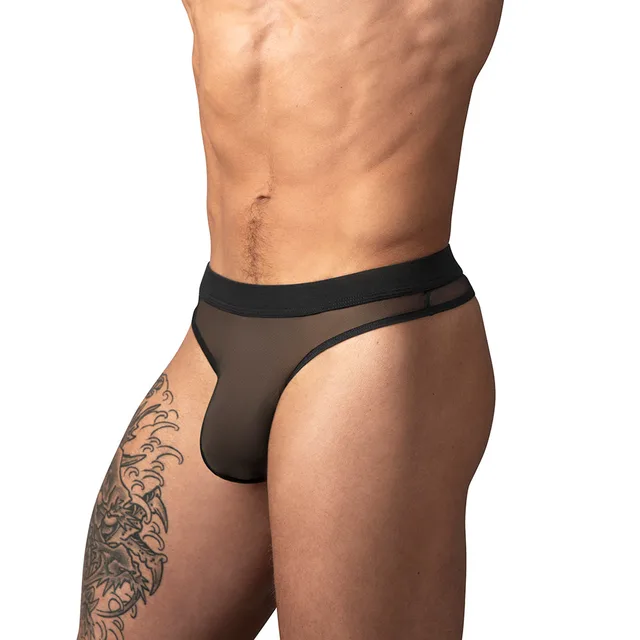 Male Power Mesh 2.0 Bong Thong in black size S/M worn from the front to show the sheer pouch and waistband