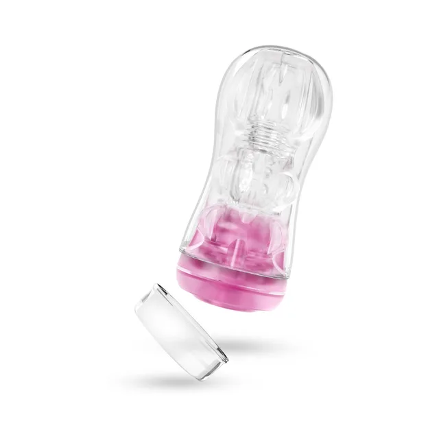 Blush EnLust Candice clear ribbed stroker angled view with removable clear cap beside it