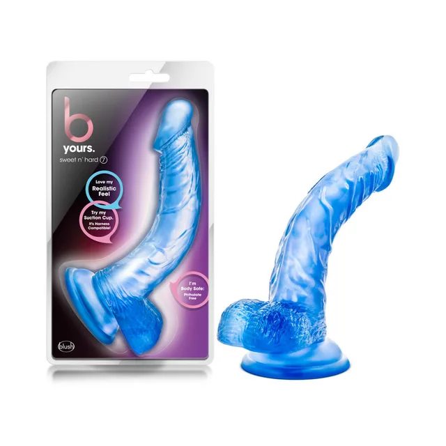 B Yours Sweet 'n Hard 7 Blue dildo beside retail package