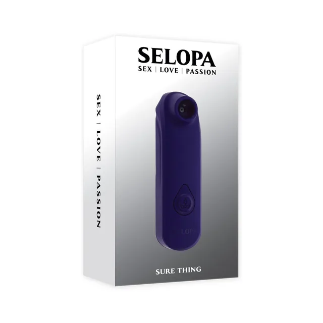 Selopa Sure Thing purple suction vibrator pictured on white retail box
