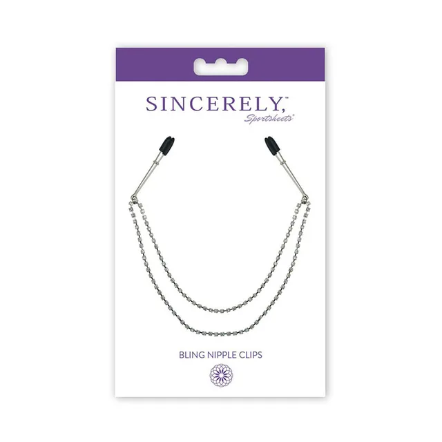Sportsheets Sincerely silver Bling nipple clips inside white-and-purple retail card